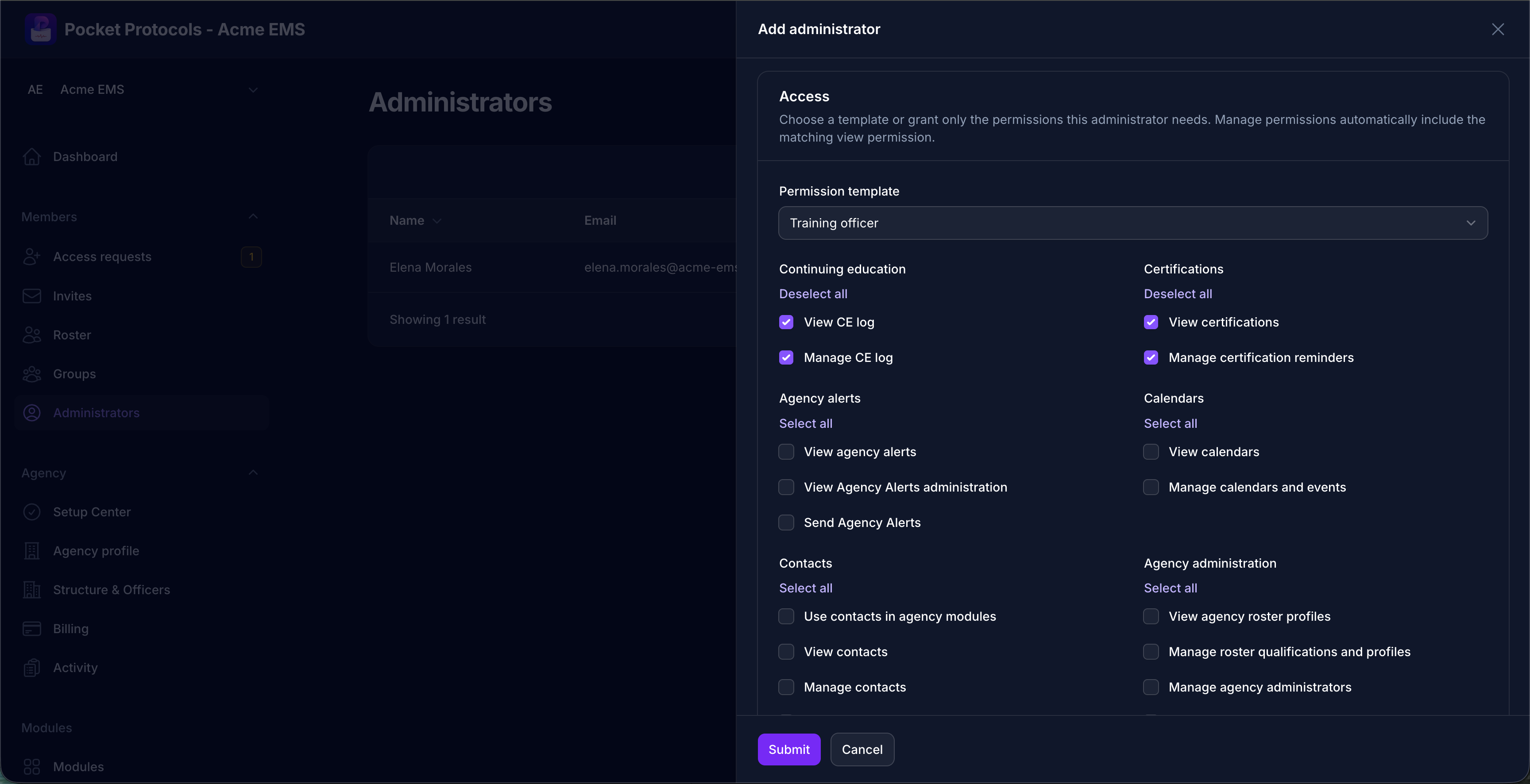 Pocket Protocols administrator access form showing role-based permissions for agency modules