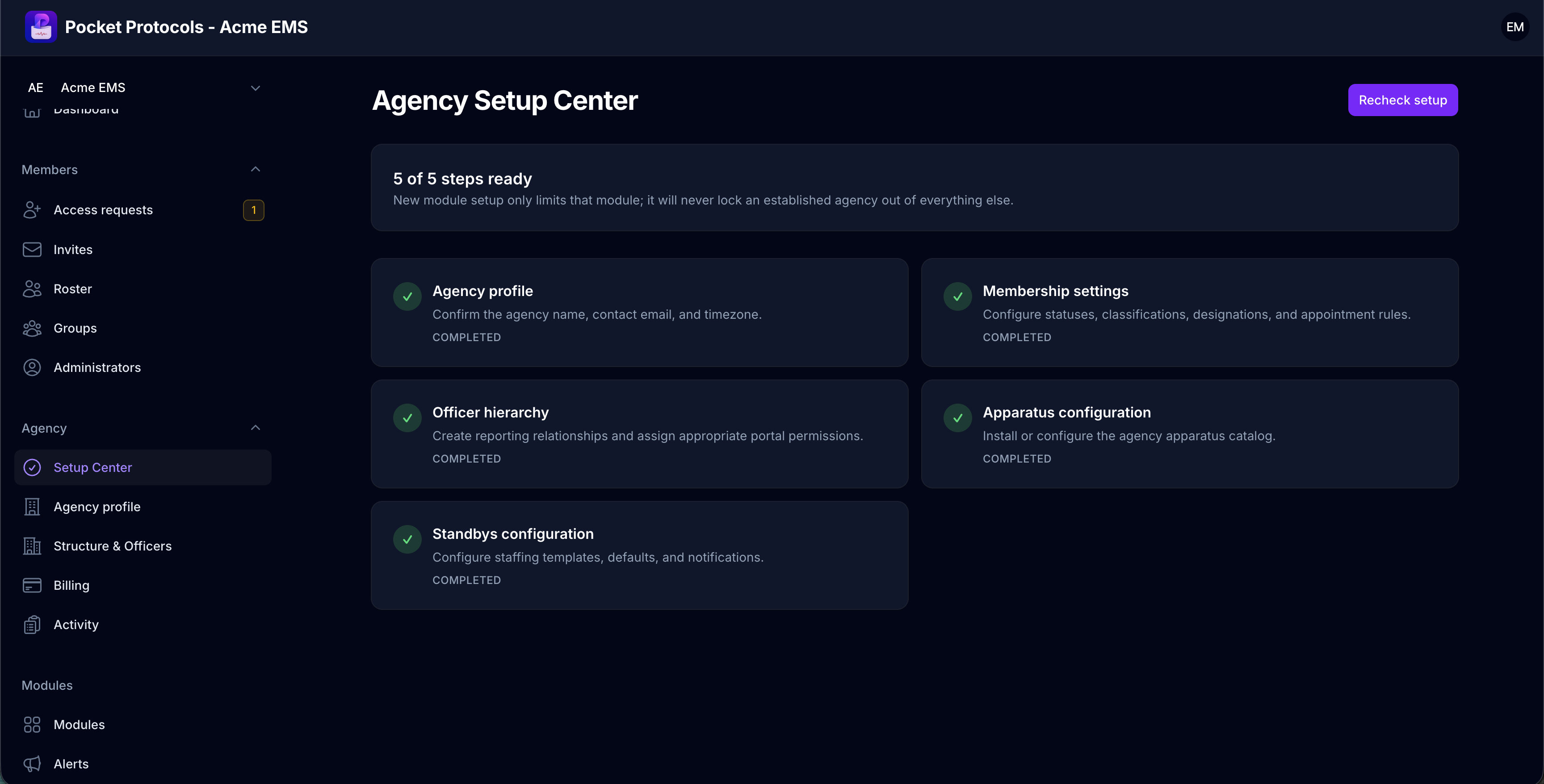 Pocket Protocols Acme EMS Setup Center showing all agency module setup steps completed