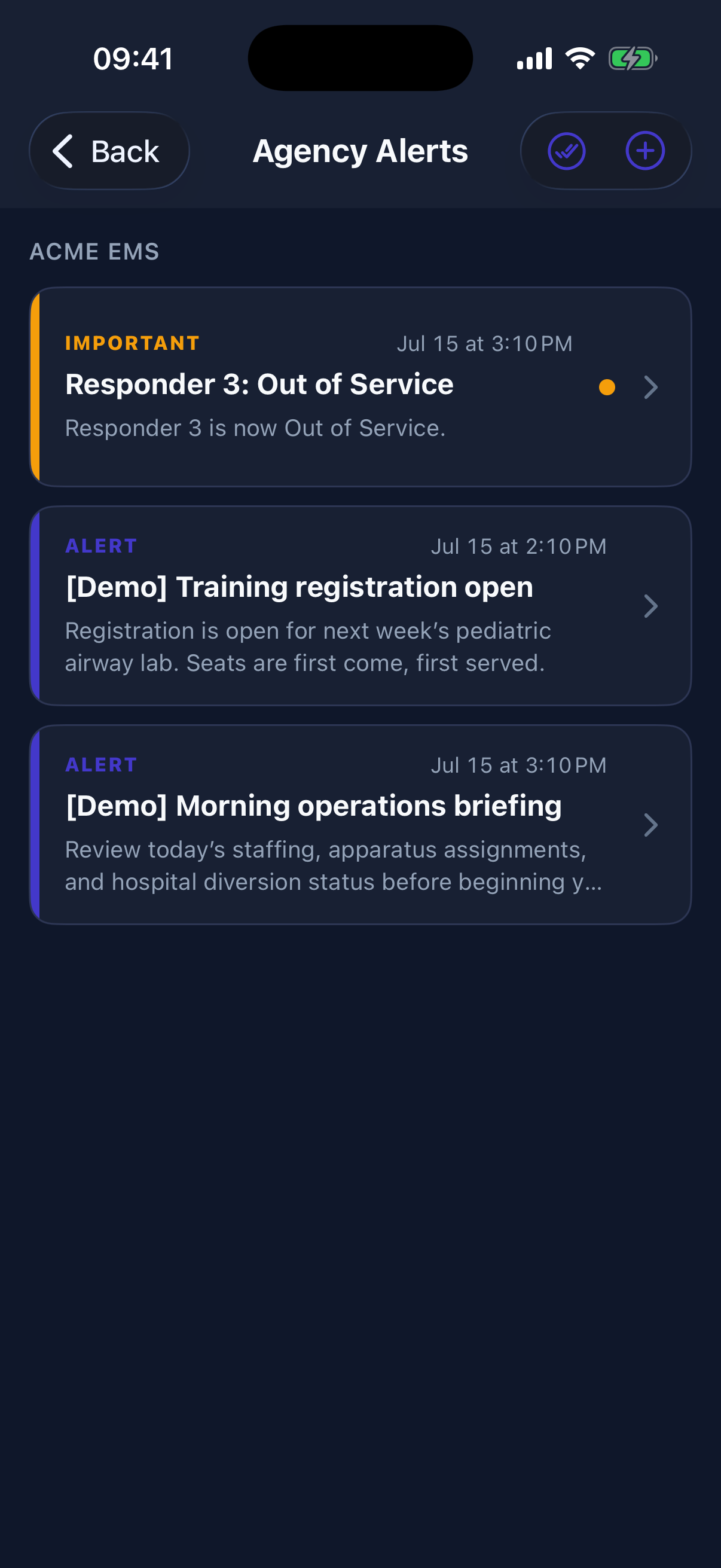 Approved members see current alerts organized by agency and priority in the Pocket Protocols app.