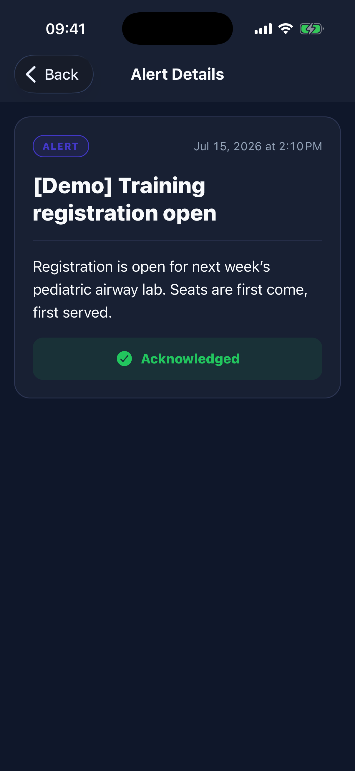 Members can open the complete alert and acknowledge receipt without leaving the app.