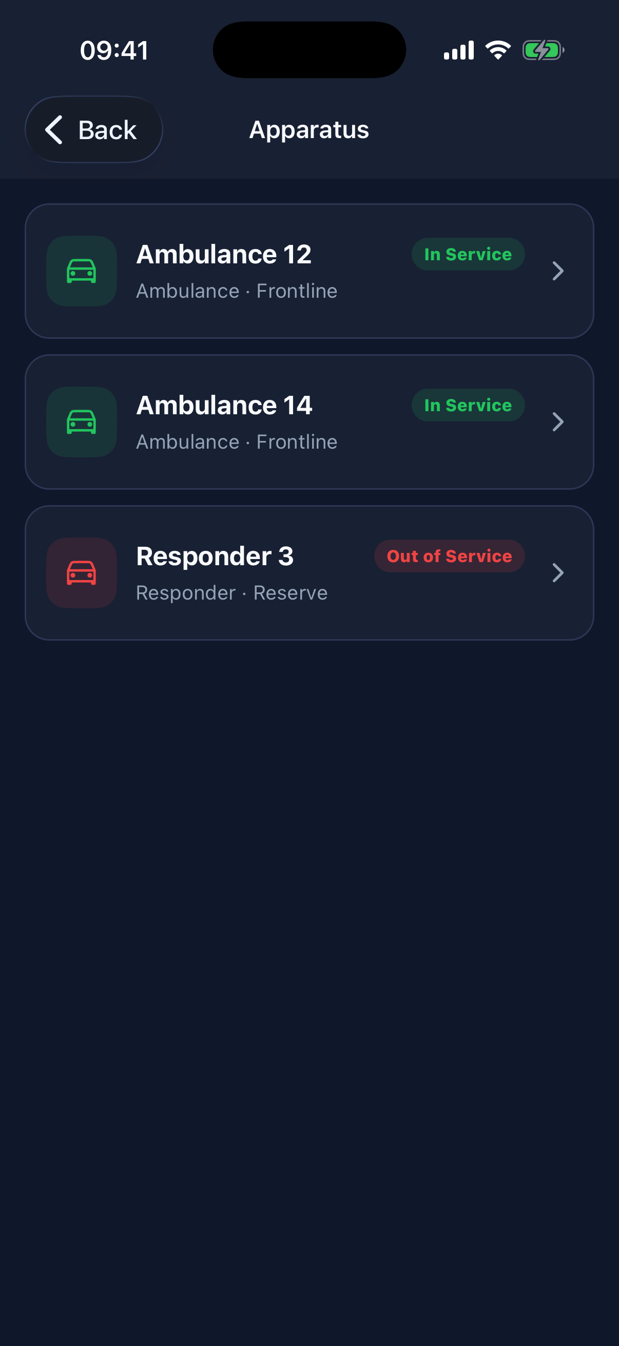 Approved members see current in-service and out-of-service apparatus in a mobile fleet roster.