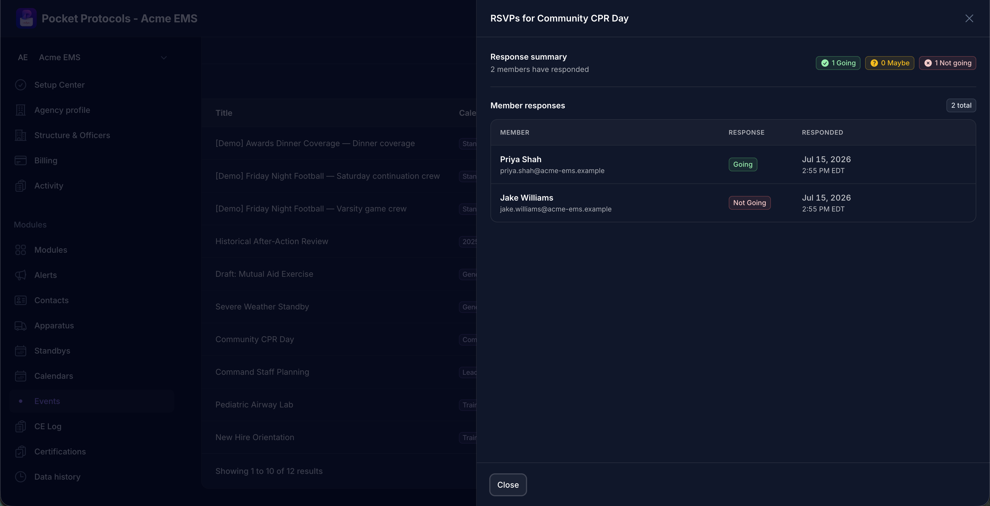 Track going, maybe, and not-going responses with a member-level RSVP audit for each event.