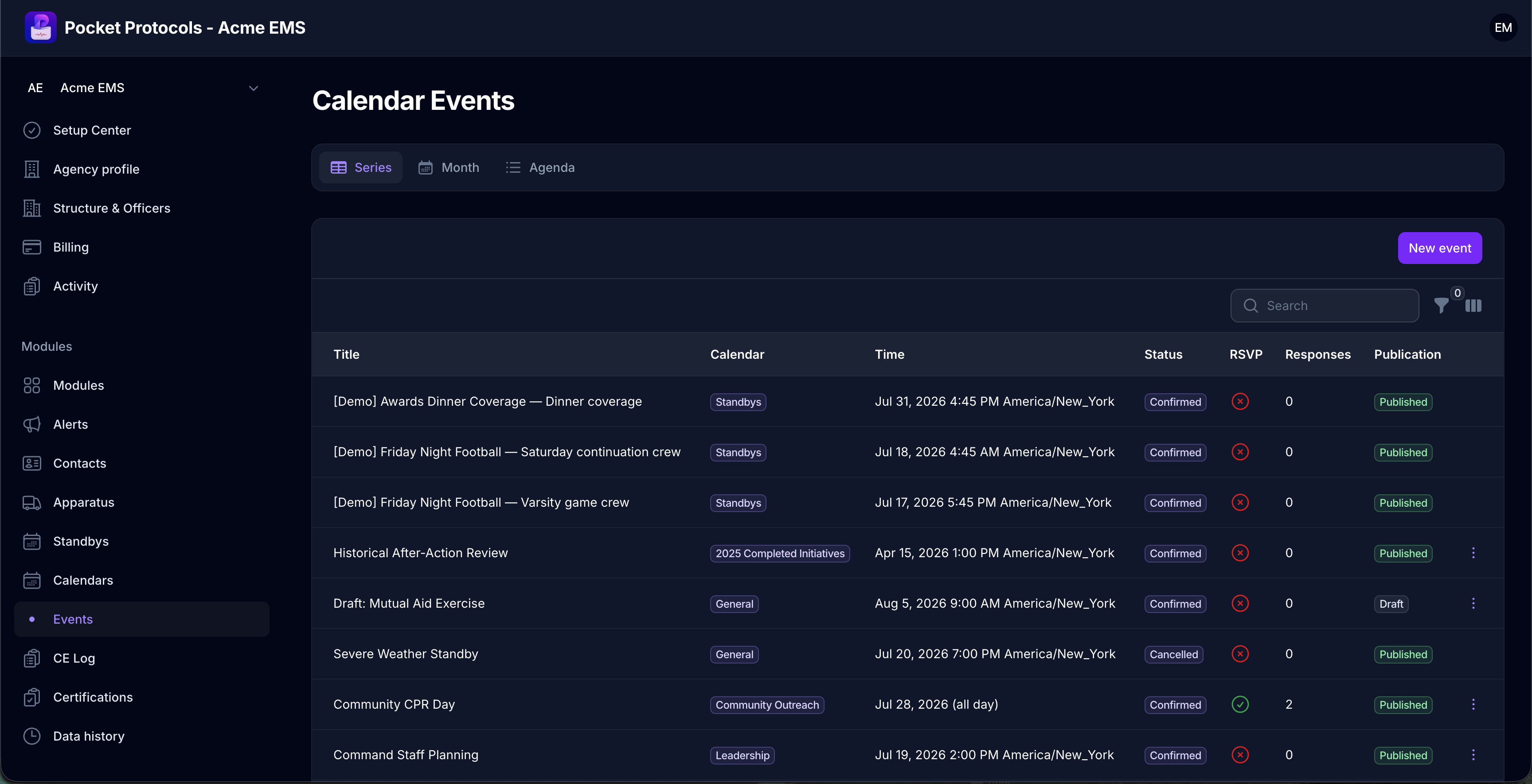 Review event series, calendar assignment, event time, publication status, RSVP availability, and response counts in a searchable list.