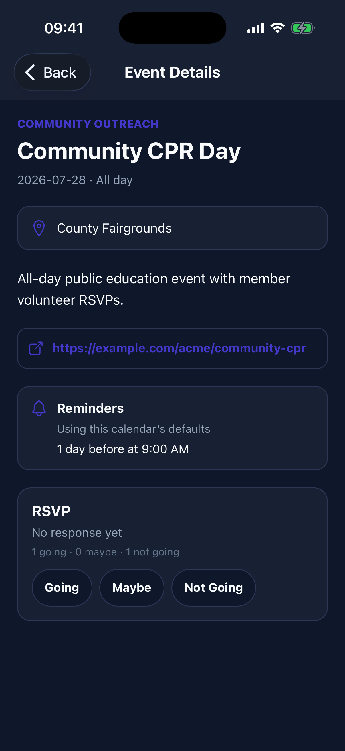 Event details carry the location, description, external link, reminder schedule, and RSVP controls into the member app.