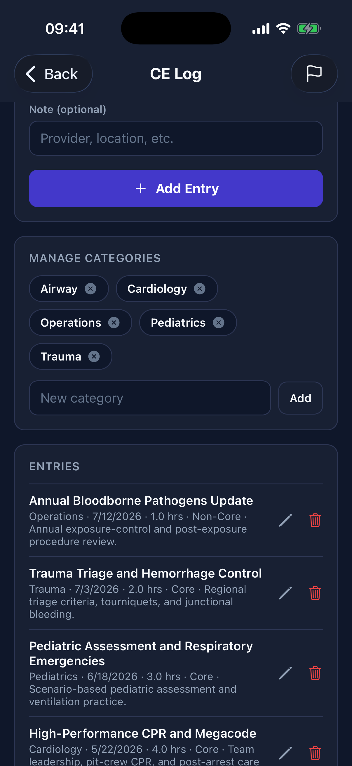 Members can maintain custom CE categories and review, edit, or remove detailed entries from their personal log.