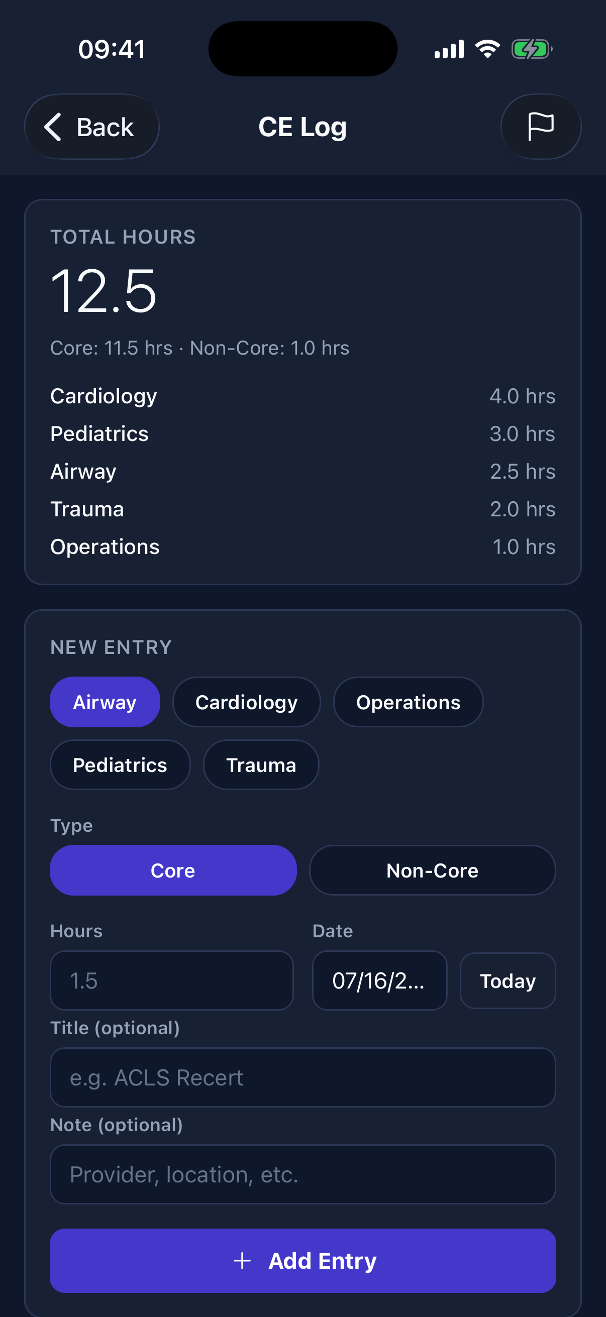 Members see total core and non-core hours by category and can record a new course with its type, hours, date, title, and notes.