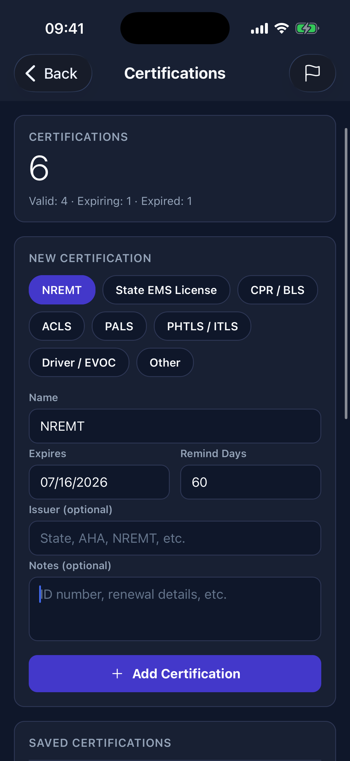 A certification summary counts valid, expiring, and expired credentials, while the entry form captures type, expiration, reminders, issuer, and renewal notes.