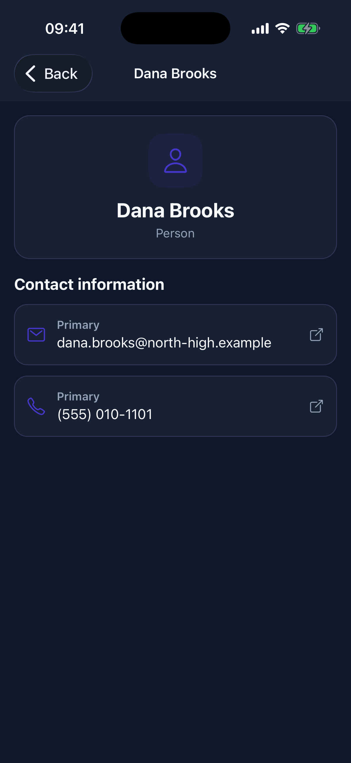 A focused mobile detail view gives members direct access to approved email addresses and phone numbers.