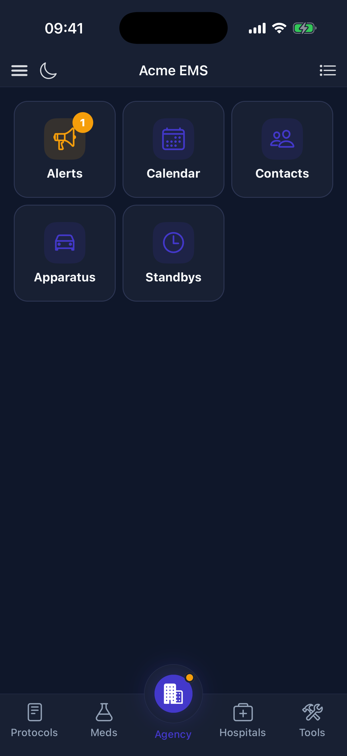 Pocket Protocols member app showing the Acme EMS agency home with alerts, calendars, contacts, apparatus, and standbys