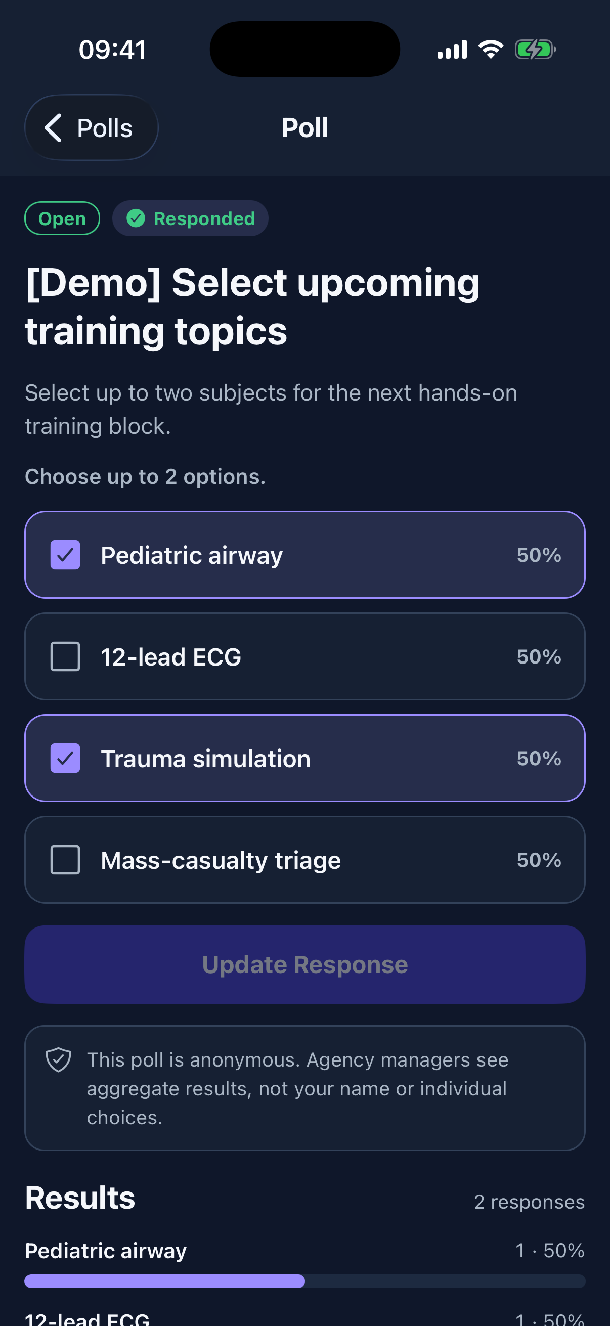 Members can choose one or more answers, update permitted responses, understand anonymity, and review aggregate results from the poll detail screen.