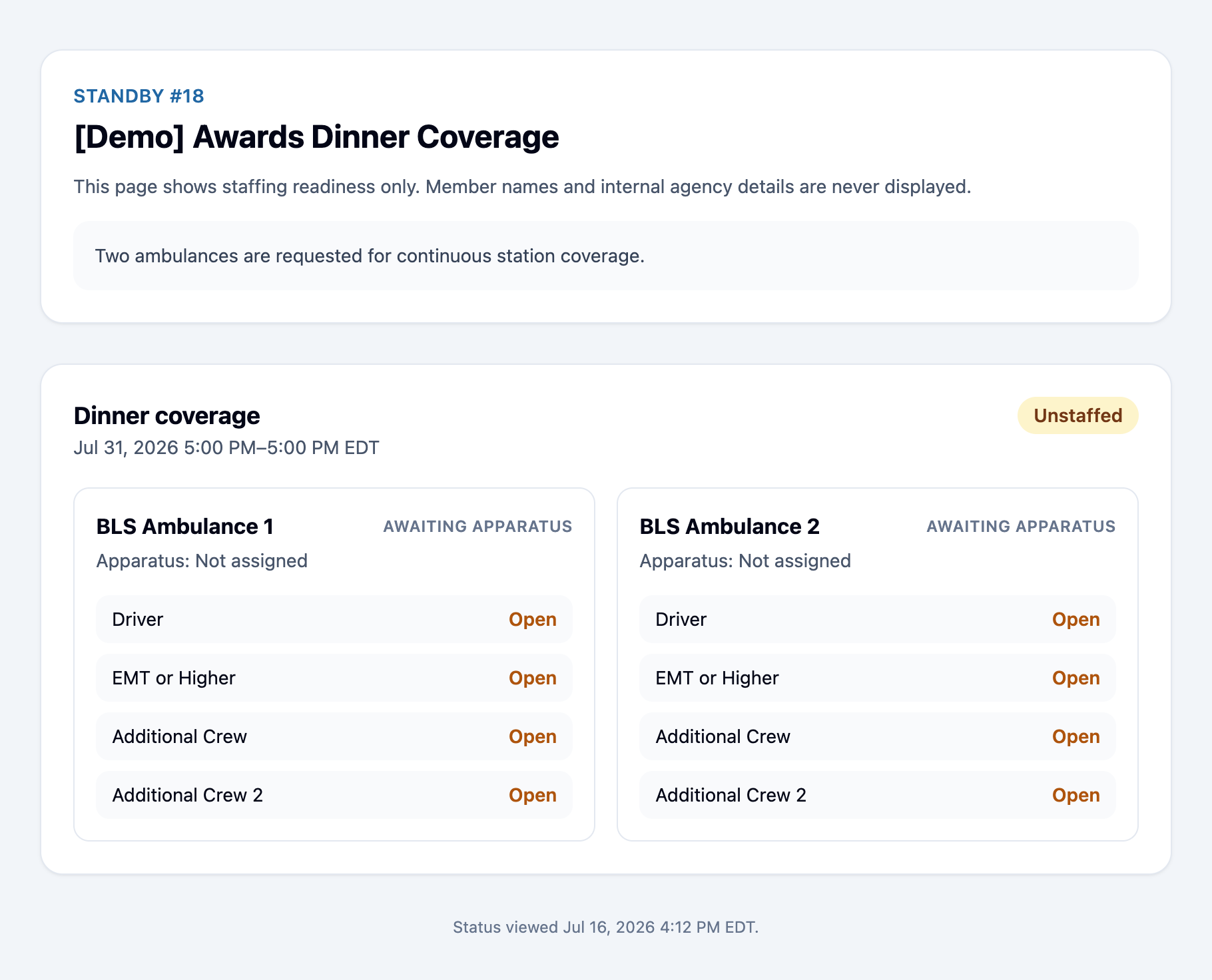 Give the requester a signed, privacy-safe readiness page showing resource, apparatus, and position status without exposing member names or internal agency details.