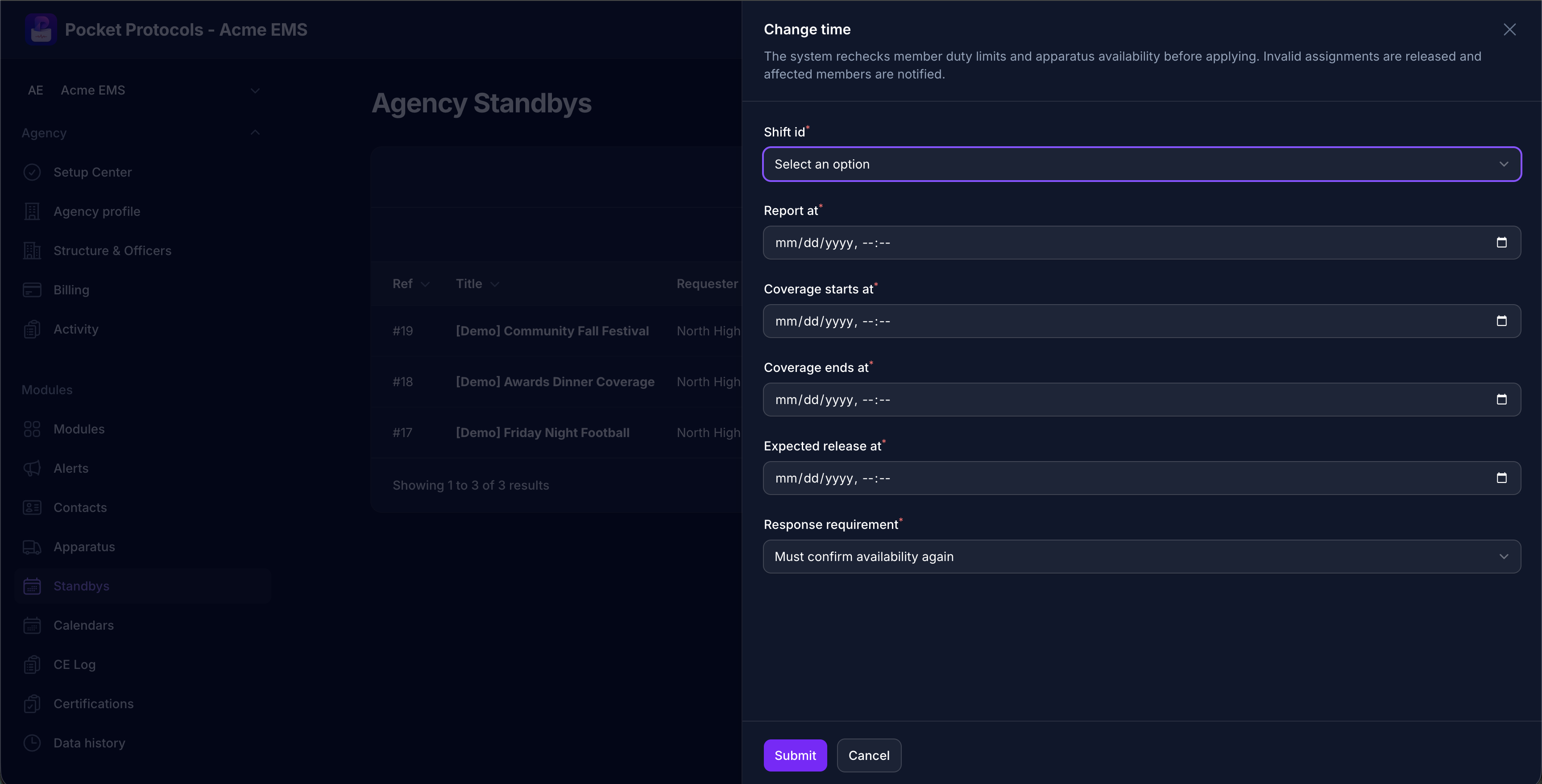 Change a shift window while the system rechecks duty limits and apparatus availability, releases invalid assignments, and requests member confirmation again.