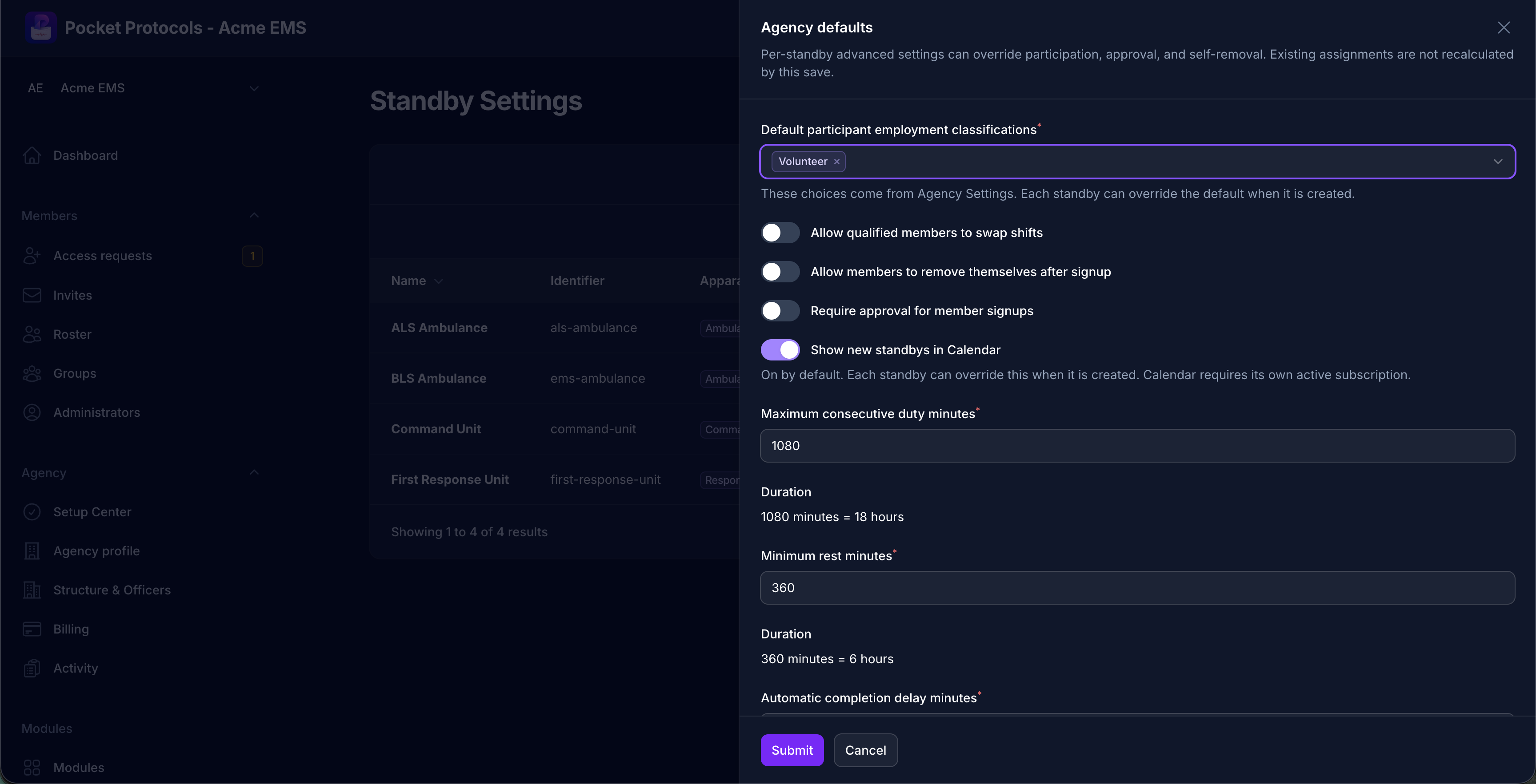 Set agency defaults for participant eligibility, shift swaps, self-removal, signup approval, calendar visibility, duty limits, rest periods, and completion timing.