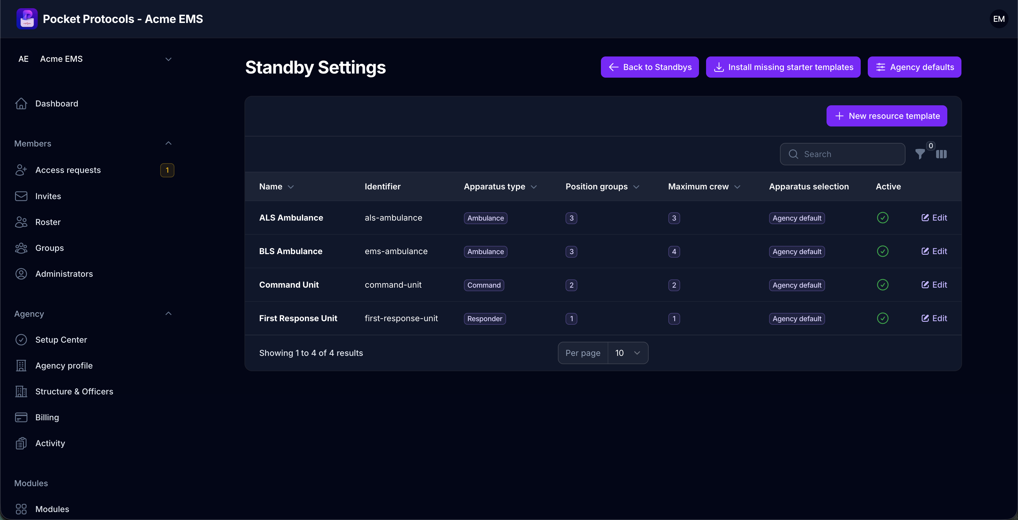 Build reusable resource templates with apparatus types, qualified position groups, maximum crew sizes, and apparatus-selection rules.