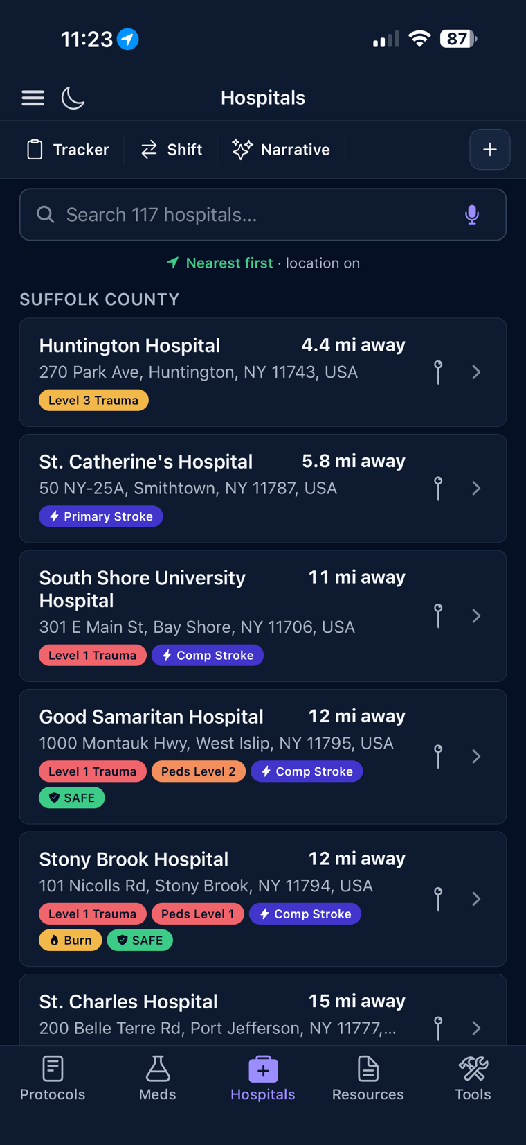 The hospital finder listing nearby receiving facilities, distances, and specialty capabilities