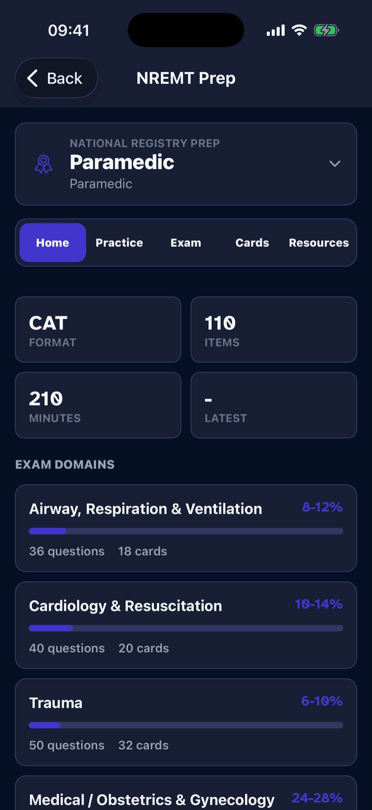 The NREMT Prep dashboard for Paramedic, listing each exam domain with its blueprint weight and question count