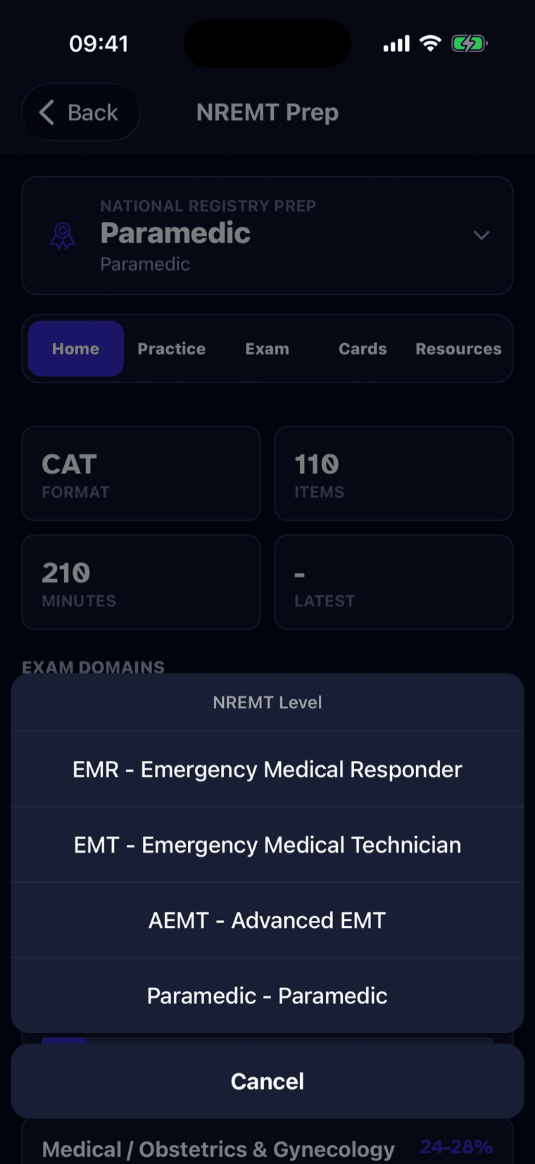 The NREMT Prep level picker, choosing between EMR, EMT, AEMT, and Paramedic