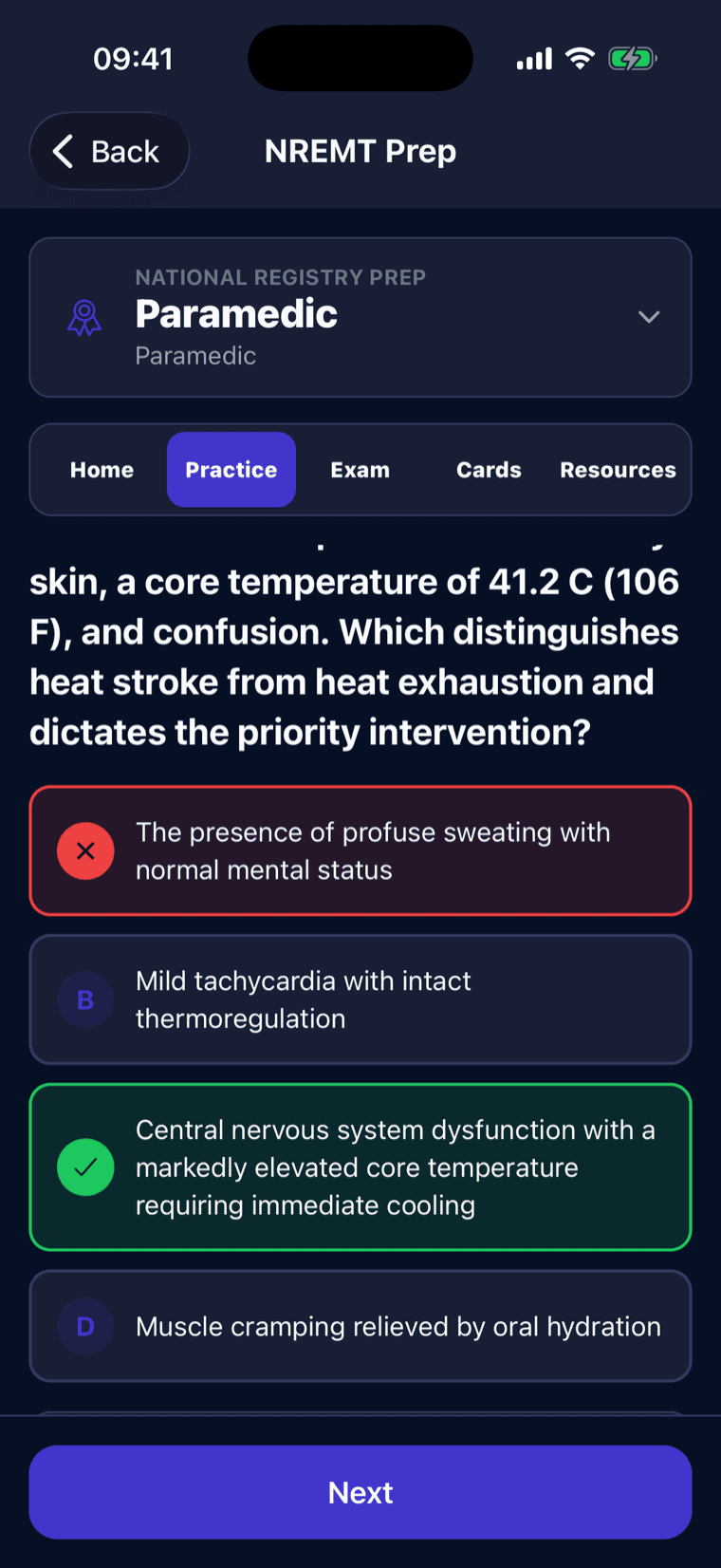 An NREMT practice question with multiple-choice answers and instant right/wrong feedback, for exam prep