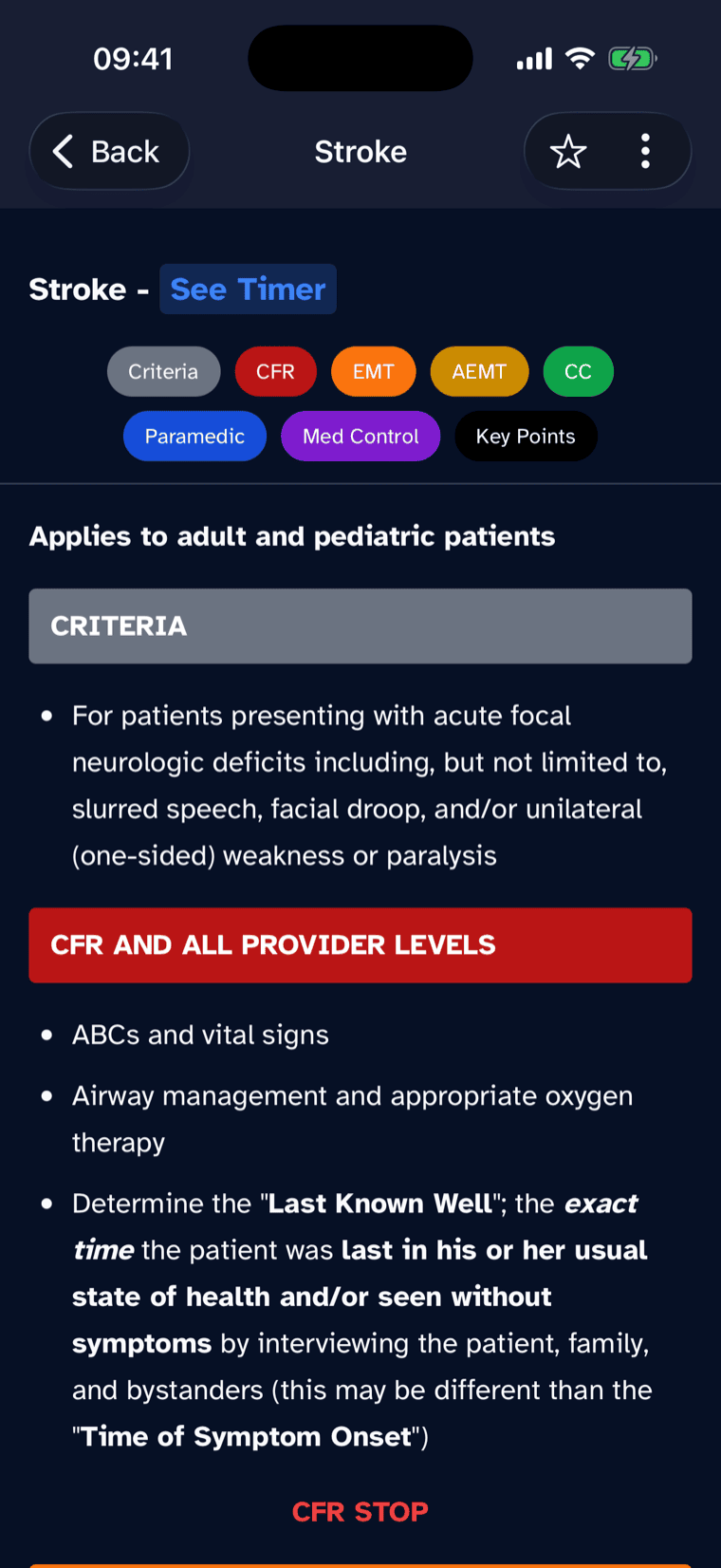 A stroke protocol open with no signal, demonstrating full offline access