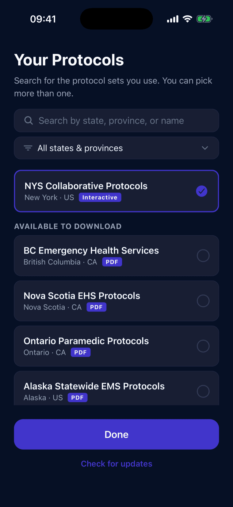 The region picker showing protocol sets across the United States and Canada