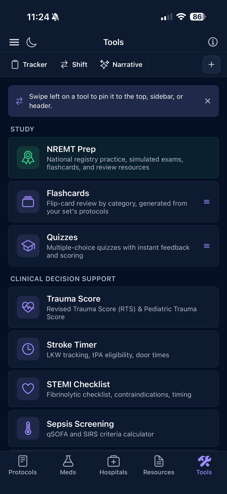 The clinical tools screen with calculators, scoring tools, timers, and field references